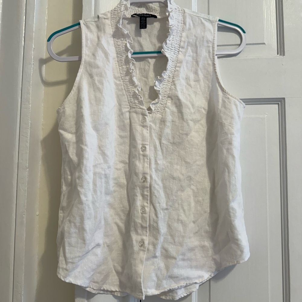 Ellen Tracy White Linen Ruffle Neck Sleeveless Blouse Shirt Small S